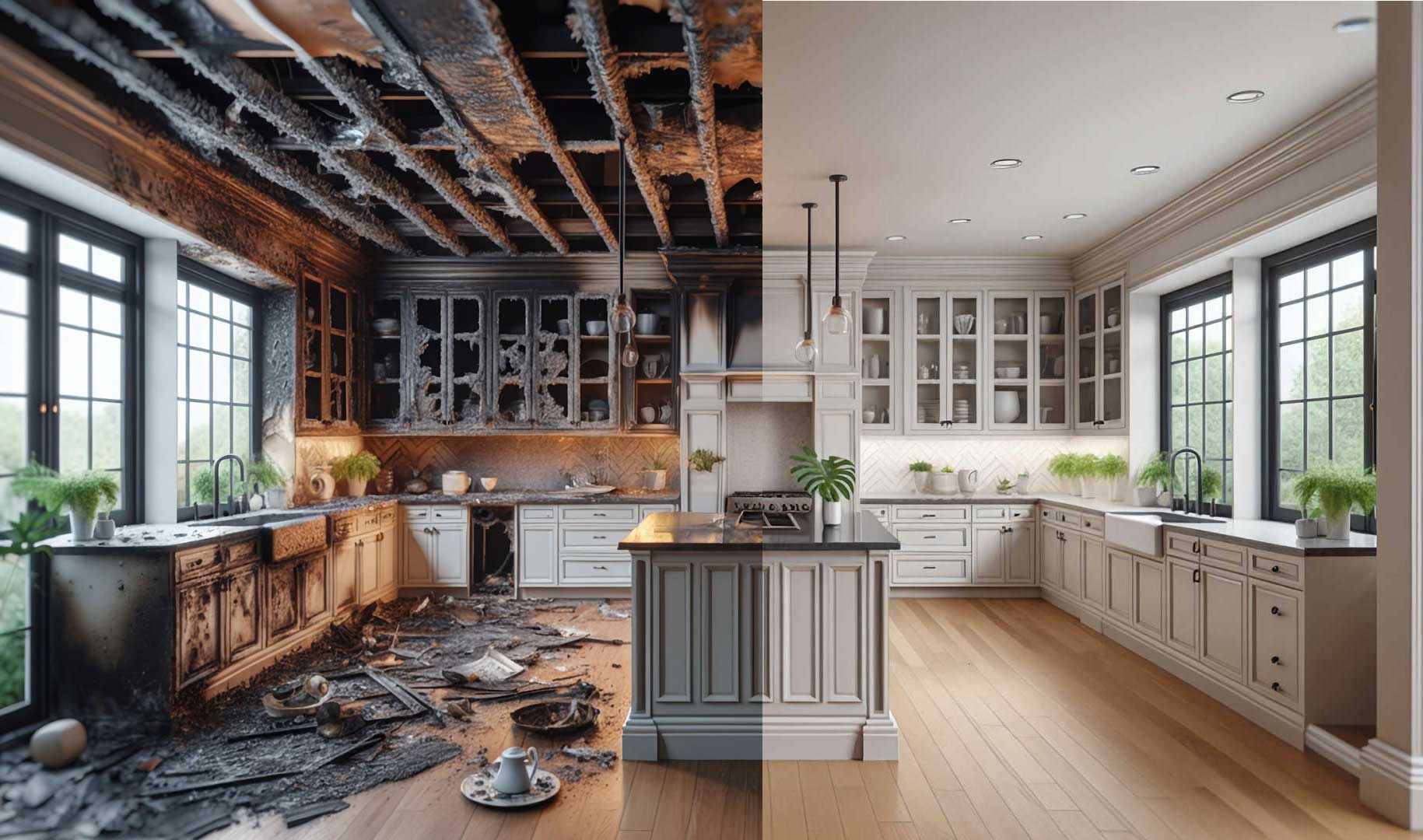 Professional fire damage restoration team at work
